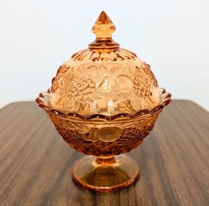 1930s Della Robbia By Westmoreland Honey Amber Glass Footed Candy Jar With Lid